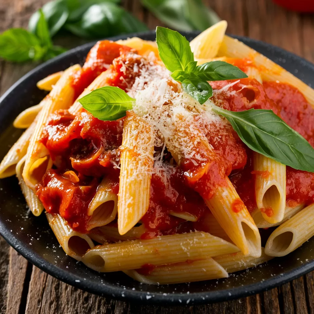 Penne ao molho de tomate e manjericão